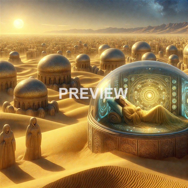 A woman is lying inside a transparent dome on a golden desert landscape filled with domed structures, with mountains in the background and the sun setting on the horizon.
